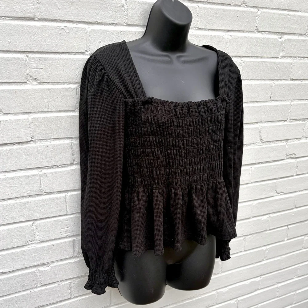 Altar’d State Waffle Knit Long Sleeve Smocked Peasant Top, SZ L EUC - Picture 2 of 6